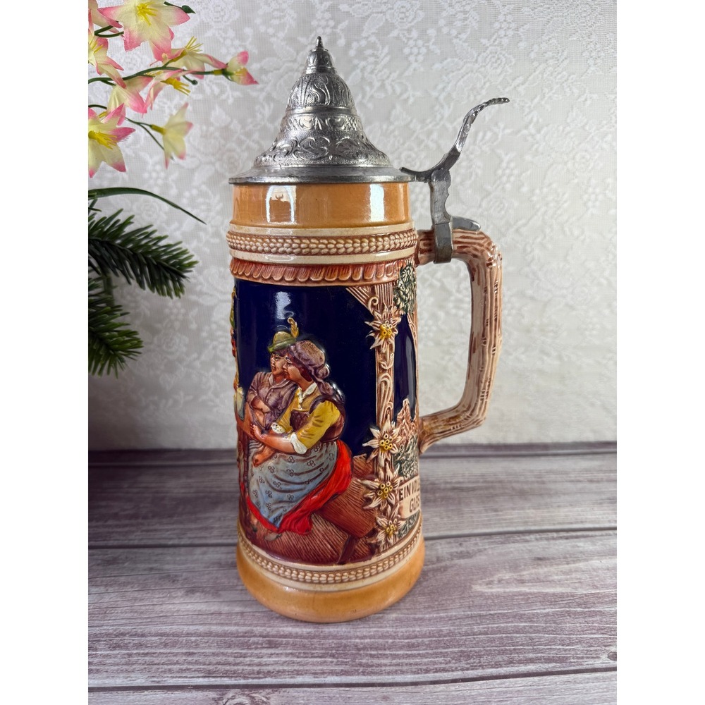 Vintage Gerz German Large Beer Stein Handgemalt 11.5" 1L Pewter West Germany